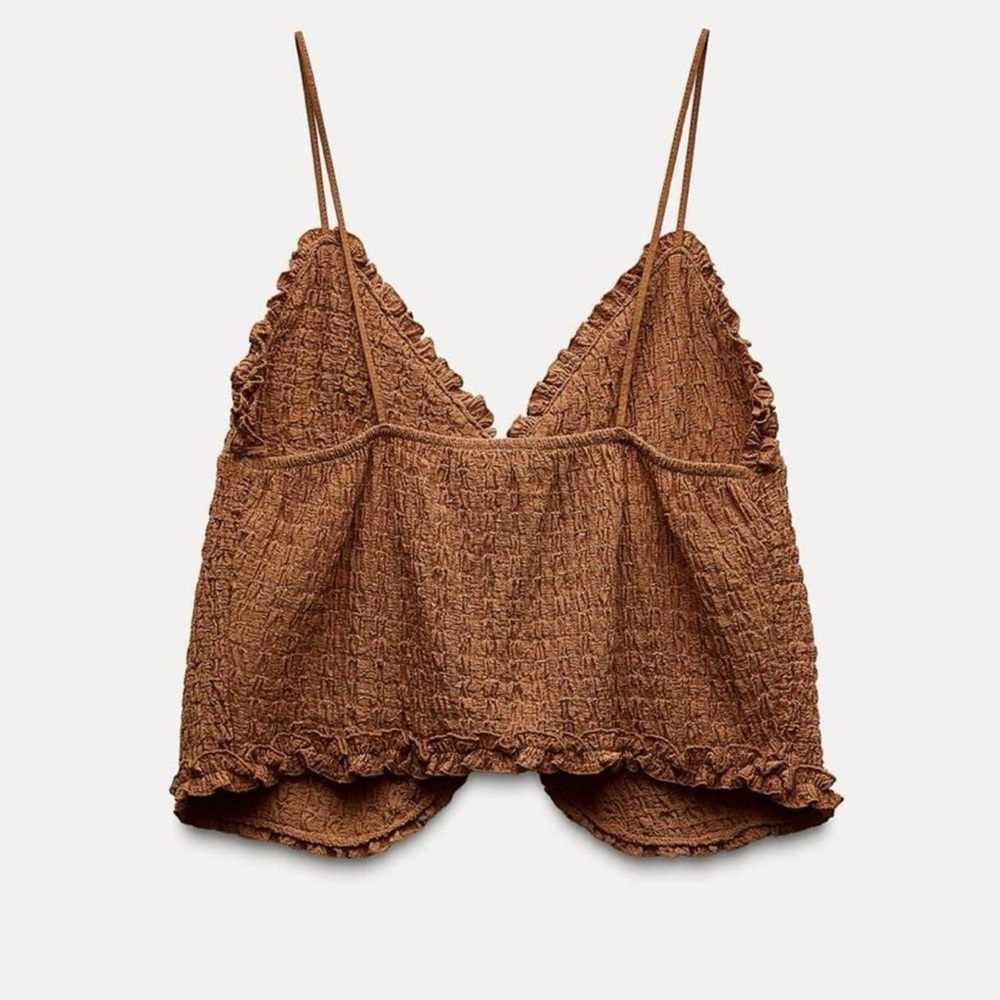 NWT Zara Ruffled Textured Tie Front Tank Top in Brown - M - Picture 4 of 8
